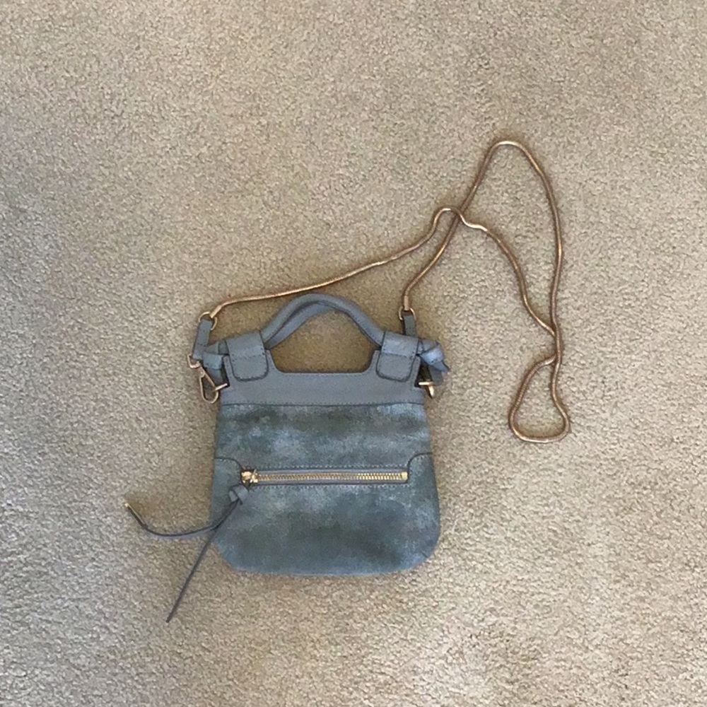 Grey metallic suede mini cross body bag